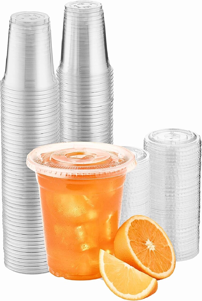 Disposable Cups With Lids | Clear Plastic Cups With Lids | Iced Coffee Cups For Bubble Boba Tea | Cup and Flat Lid For Cold Drinking & Smoothie 50 Sets